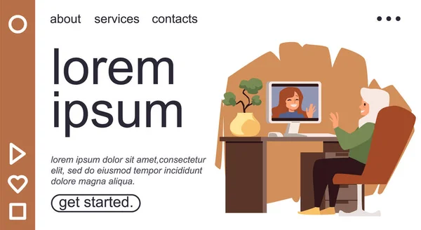 Website with elderly woman communicates in virtual app, flat vector illustration. — Stock Vector