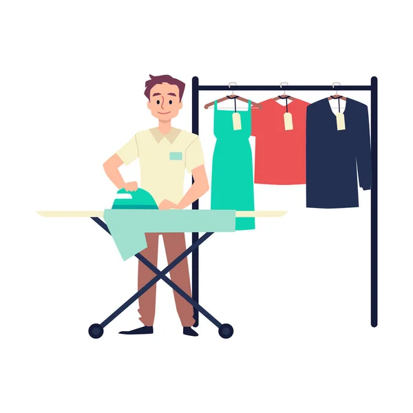Service de blanchisserie ouvrier repassage vêtements clients - illustration vectorielle plat isolé sur fond blanc. — Image vectorielle