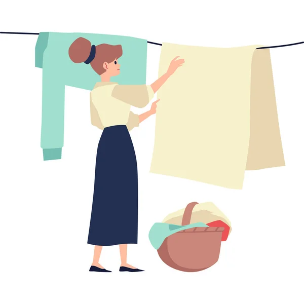 Γυναίκα κρεμάει ρούχα στο σχοινί μετά το πλυντήριο, επίπεδη διανυσματική απεικόνιση απομονωμένη. — Διανυσματικό Αρχείο