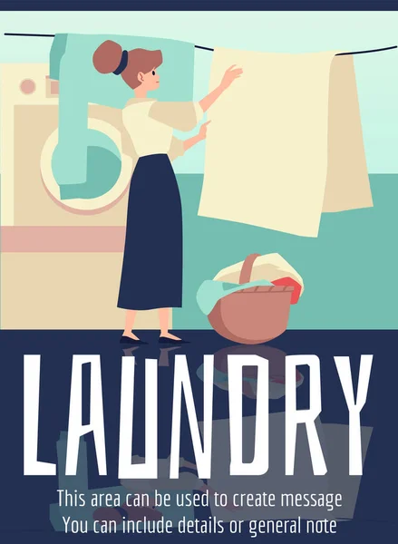 Banner lavanderia con donna asciugatura vestiti puliti, illustrazione vettoriale piatta. — Vettoriale Stock