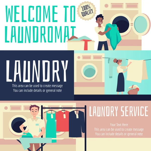 Bandeiras de serviço de lavanderia e lavanderia ou folhetos ilustração vetorial plana. — Vetor de Stock
