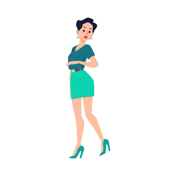 Woman in fashion clothing and heeled shoes, flat vector illustration isolated. — Stock Vector