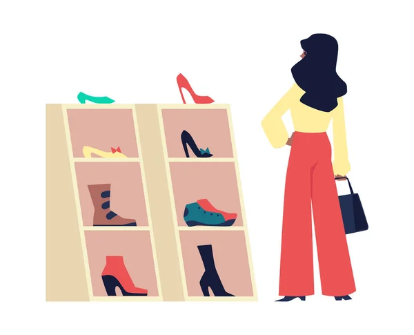 Cliente femenino en tienda de calzado escoge zapatos - ilustración vectorial plana aislada sobre fondo blanco. — Vector de stock