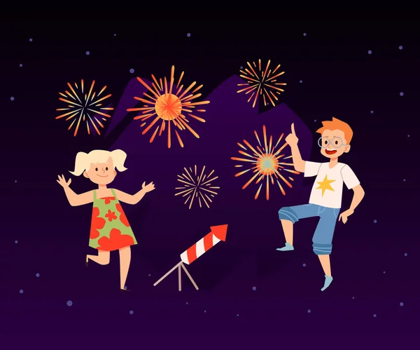 Vrolijke kinderen genieten van vuurwerk platte vector illustratie geïsoleerd op donker. — Stockvector