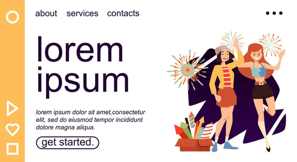 Banner del sitio web con chicas jóvenes disfrutan de fuegos artificiales, ilustración vectorial plana. — Vector de stock