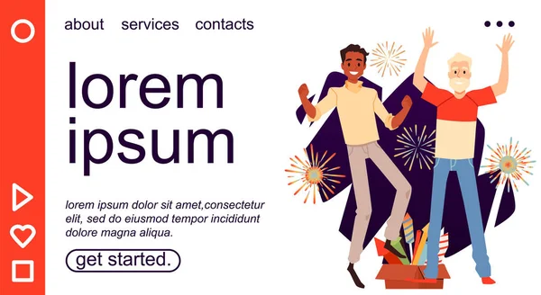 Banner del sitio web con los hombres felices se regocijan en los fuegos artificiales, ilustración plana vector. — Vector de stock