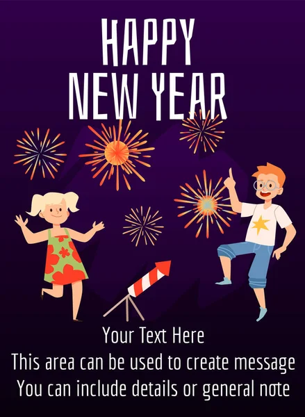 Újévi banner gyerekekkel örvendezzen tűzijáték lapos vektor illusztráció. — Stock Vector