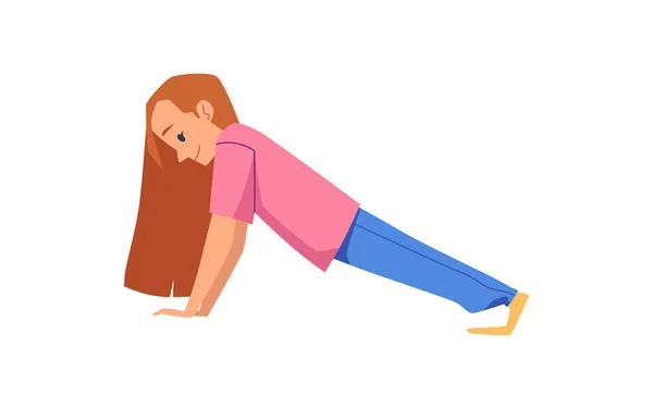 School meisje doen plank oefening of pushups, platte vector illustratie geïsoleerd. — Stockvector