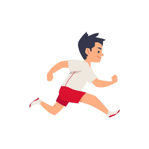 Enfant garçon en vêtements de sport courir vite, illustration vectorielle dessin animé plat isolé. — Image vectorielle