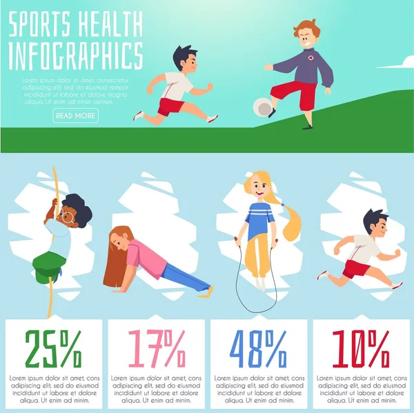 Niños deportes salud infografía banner plantilla, ilustración vectorial plana. — Archivo Imágenes Vectoriales