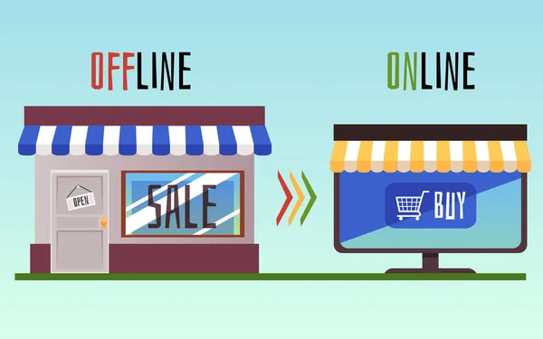 Juxtapositie en verschil online en offline winkel, vlakke vectorillustratie. — Stockvector