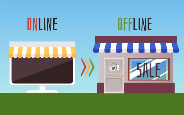 O2o online to offline e-commerce vector concept. Shopping offline VS shopping online. — Vettoriale Stock