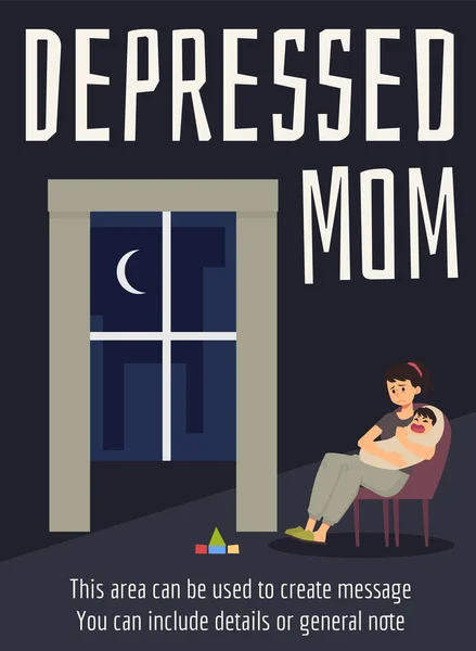 Plakat z przygnębioną matką siedzi bezsenny w nocy, płaski wektor ilustracji. — Wektor stockowy
