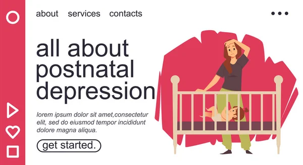 Strona internetowa z kobietą w depresji poporodowej, płaski wektor ilustracji. — Wektor stockowy