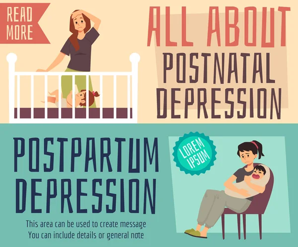 Postnatal eller postpartum depression problem hos kvinnor, platt vektor illustration. — Stock vektor