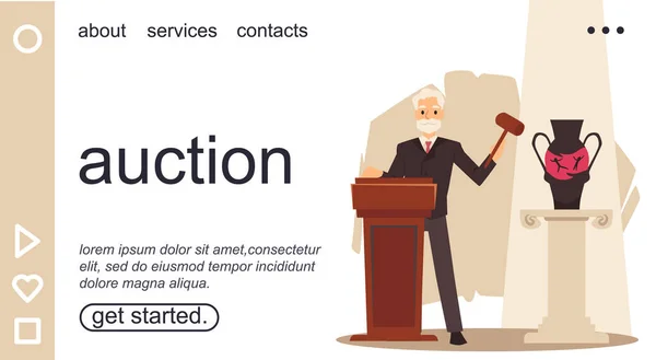 Auction site with an auctioneer makes announcement, flat vector illustration. — Stock Vector