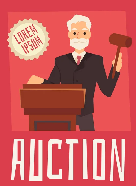 Auction banner or poster template with auctioneer, flat vector illustration. — Stock Vector