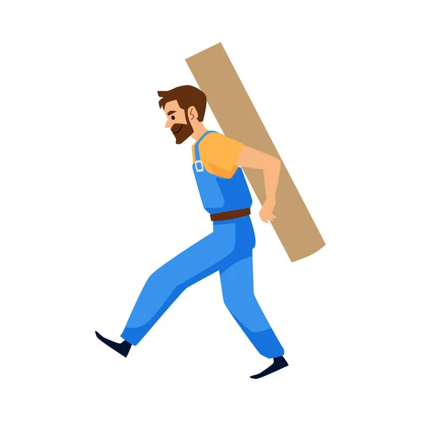 Entrega Hombre con una barba en uniforme azul llevando Big Box Sideview. — Vector de stock