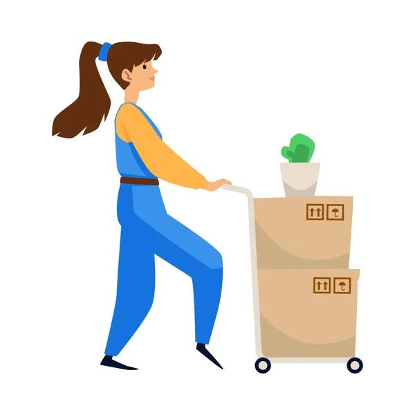 Складська жінка-працівник у блакитній формі доставляє упаковані картонні коробки на колісному візку — стоковий вектор