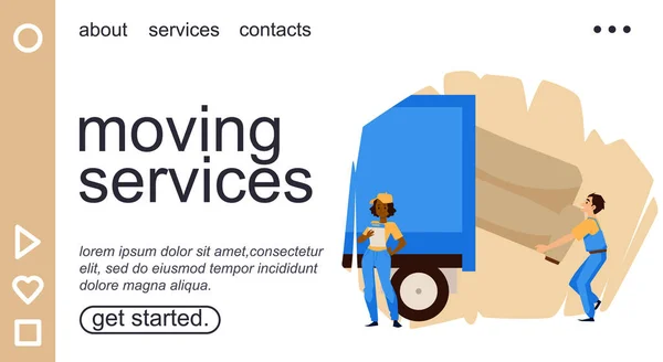 Költöztetési szolgáltatások landing page template with man loading sofa into truck, flat vector illustration. — Stock Vector