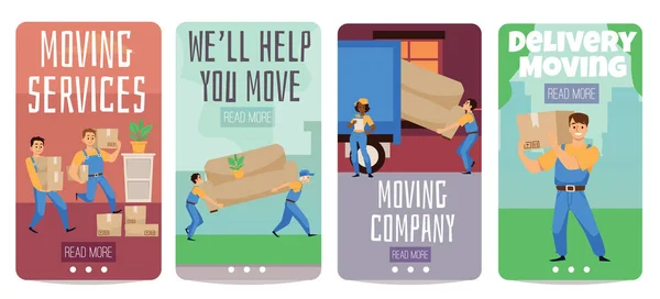 Moving Delivery Services Online App Vektorlayout Cartoon-Stil mit movers Charaktere — Stockvektor