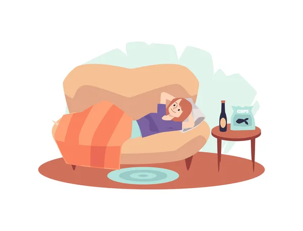 Žena relaxace na gauči pod přikrývkou s vínem a rybí brambůrky, ploché vektorové ilustrace izolované na bílém pozadí. — Stockový vektor