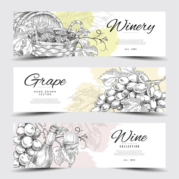 Wine and grapes vintage sketch border set — Stock Vector