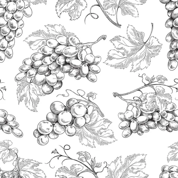 Motif vectoriel sans couture noir et blanc avec vignes, branches de raisin et feuilles. — Image vectorielle