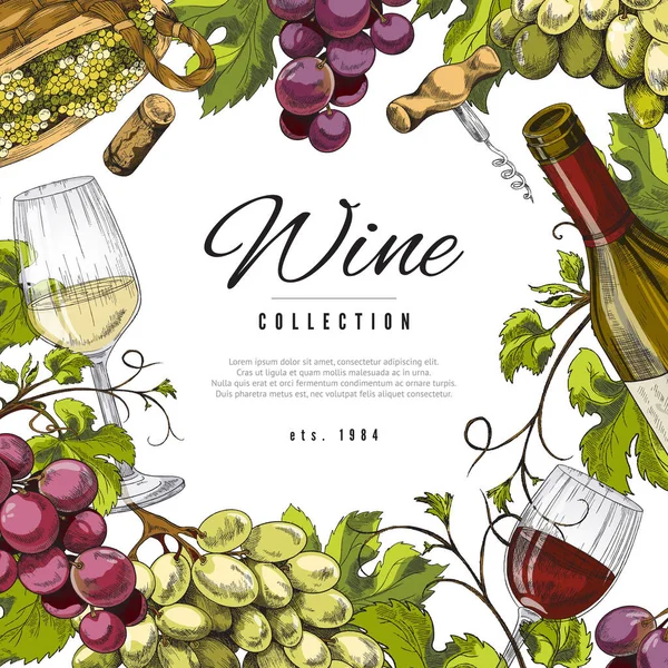 Fondo de vino o etiqueta con racimos de uva grabado vector ilustración. — Vector de stock