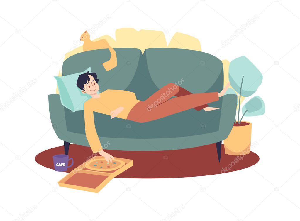 Man lies on sofa with cat, eats pizza and drinks coffee - flat vector illustration isolated on white background.