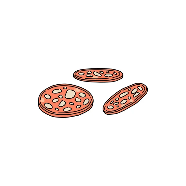 Pyszne okrągłe plasterki kiełbasy salami, szkic wektor ilustracja izolowane. — Wektor stockowy