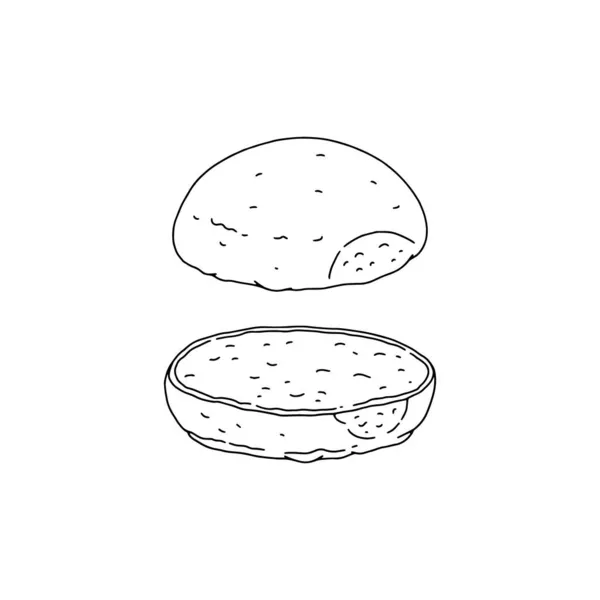 Monocromo mordido bollo hamburguesa cortado por la mitad, ilustración vector boceto aislado. — Vector de stock