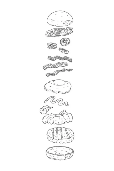 Hamburger için malzeme seti ya da kahvaltıda İngiliz keki. Katmanlı hamburger eli çizimi. — Stok Vektör