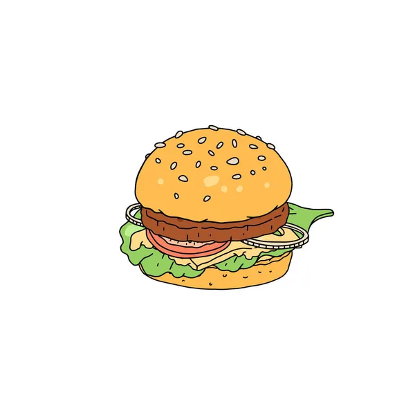 Sabrosa hamburguesa con queso patty picado icono de carne de vacuno vector. Logo de comida rápida con hamburguesa detallada estilo dibujos animados. — Archivo Imágenes Vectoriales