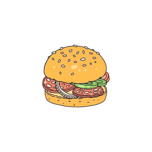Detailní karikaturní burger s klobásou, jalapeno, cibulí a rajčaty. Cartoon vektorová ikona hamburgeru fast food. — Stockový vektor