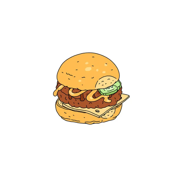 Grande gustoso hamburger con carne di manzo cutlet disegnato a mano vettoriale illustrazione isolato. — Vettoriale Stock