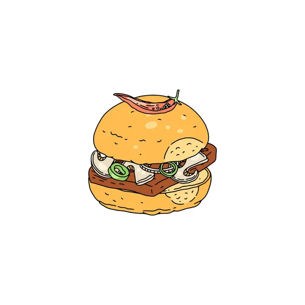 Delizioso hamburger al peperoncino con bistecca di manzo, funghi e cipolla, schizzo vettoriale isolato su sfondo bianco. — Vettoriale Stock