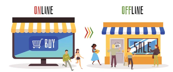 Покупки в офлайне vs покупки в Интернете, o2o цифровой маркетинг. Люди в очереди покупают товары в онлайновом и офлайн-магазине. — стоковый вектор