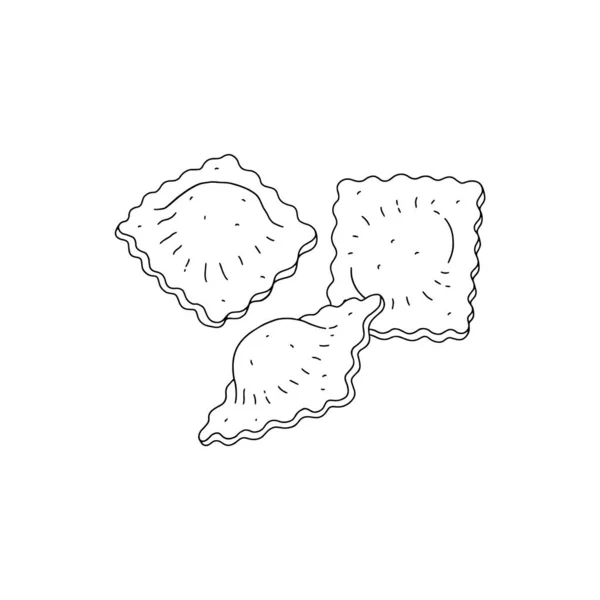 Handgjorda ravioli dumplings, handritade svart linje vektor illustration isolerad. — Stock vektor