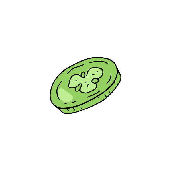 Snijd van groene verse komkommer in schets vector illustratie geïsoleerd op wit — Stockvector