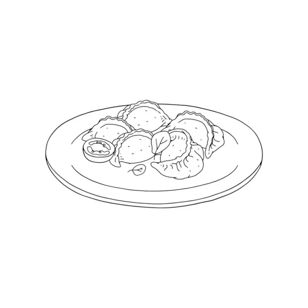 Duplings Gyoza στο πιάτο, μαύρη γραμμή χέρι που διανυσματική απεικόνιση απομονωμένη. — Διανυσματικό Αρχείο