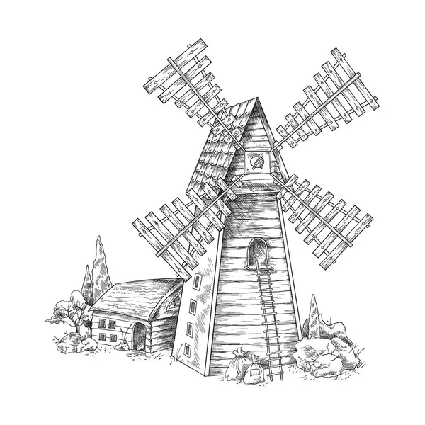 Vintage windmolen in landelijk landschap, met de hand getekend vectorillustratie geïsoleerd. — Stockvector