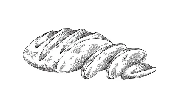 Brood van tarwe brood met plakjes, gravure vector illustratie geïsoleerd. — Stockvector