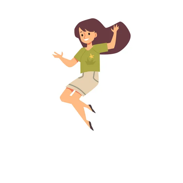 Menina alegre personagem de desenho animado pulando, ilustração vetorial plana isolado. —  Vetores de Stock