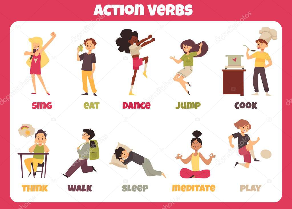 Table for learning English verbs with children flat vector illustration isolated.
