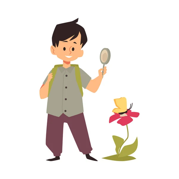 Ragazzo che studia la natura e guarda fiore piatto vettoriale illustrazione isolato. — Vettoriale Stock