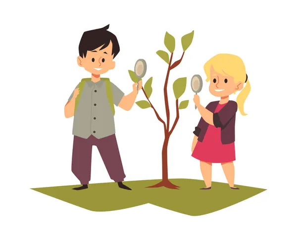 Kids cartoon characters exploring tree together in flat vector illustration — Stock Vector