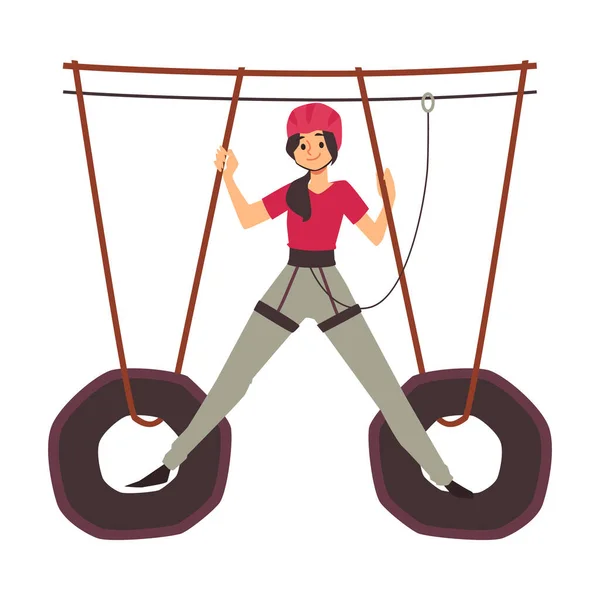 Mujer en equipo de seguridad superando el parque de cuerdas, ilustración vectorial aislada. — Vector de stock