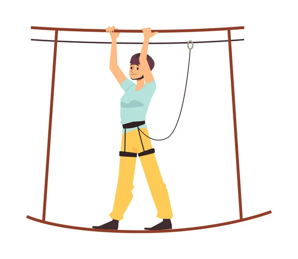 Kvinna på rep bro av zipline väg attraktion, platt vektor illustration. — Stock vektor