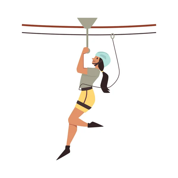 Vrouw met zipline deel van touw park, platte vector illustratie geïsoleerd. — Stockvector